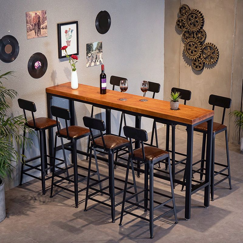 Brown Solid Wood Bar Table Industrial Bar Dining Table with Black Trestle Base