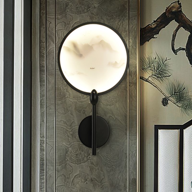 Chinese Style Circular Mountain Mural Light Acrylic LED Bedroom Sconce Light Fixture in Black
