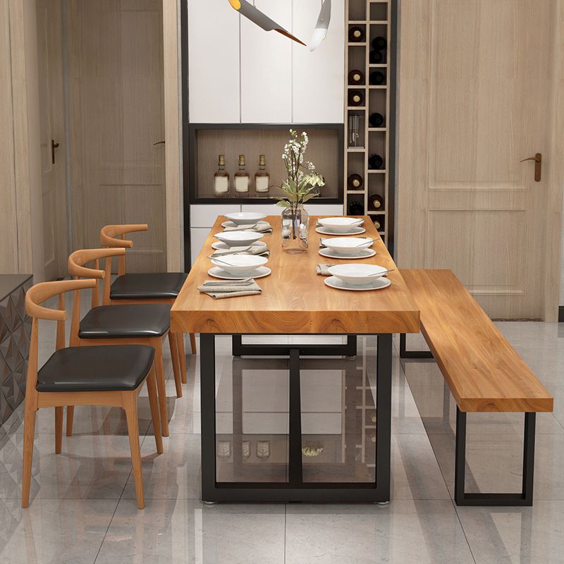 Solid Wood Top Table with Metal Base Industrial Rectangle Dining Table