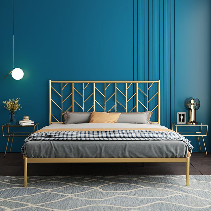 Finish Metallic Open-Frame Bed Glam Wire-Grid Iron Bed Frame with Headboard in Gold