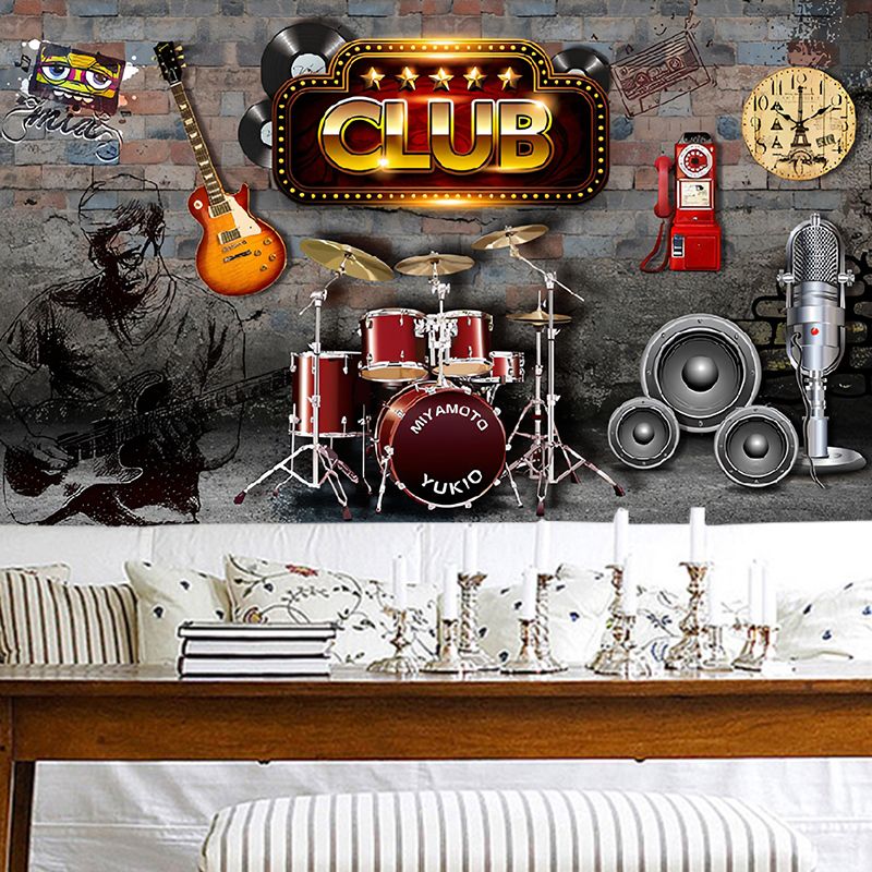 Retro 3D Guitar Mural Wallpaper for Coffee Shop and Bar, Grey and Brown, Made to Measure