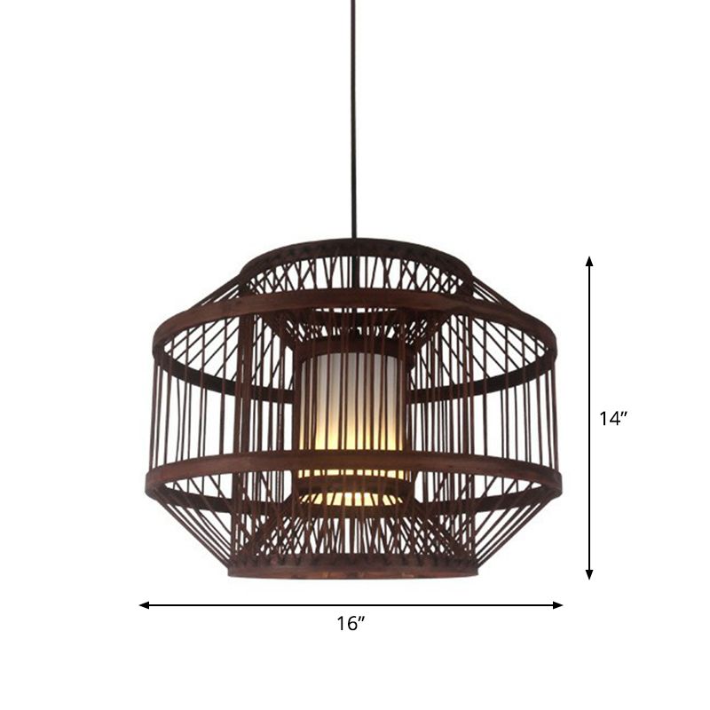 Coffee Finish Cage Hanging Lamp Contemporary Single-Bulb Bamboo Suspension Light