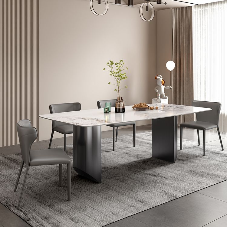 Modern Rectangular Stone Top Dining Table Double Pedestal Metal Base