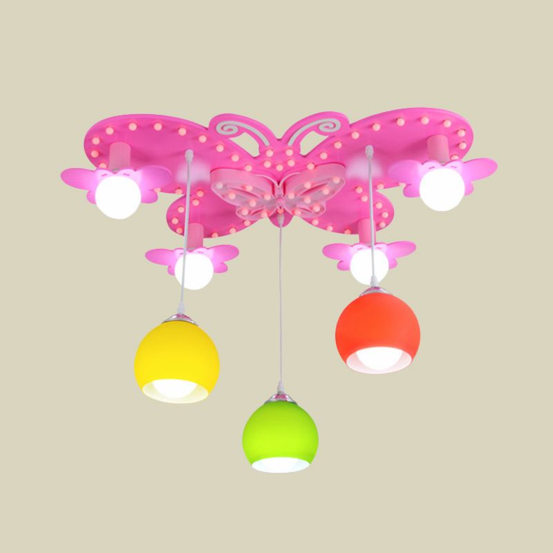 Colorful Glass Dome Flush Mount Lighting Kid 7 Heads Ceiling Mount Chandelier with Butterfly Canopy in Pink