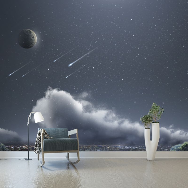 Futuristic City Meteor Shower Murals Aqua Moisture-Resistant Wall Covering for Home