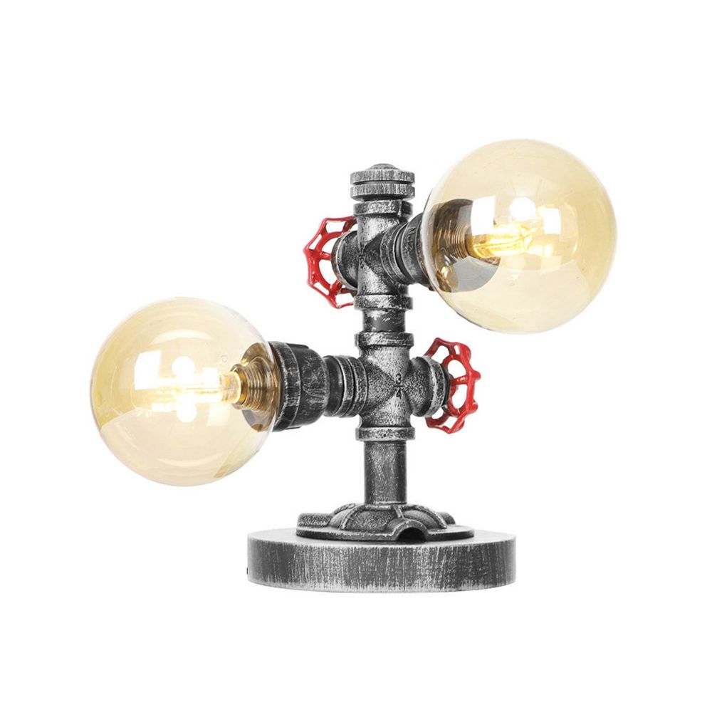 Lámpara de mesa industrial con pantalla redonda, 2 luces, luz de escritorio de vidrio transparente/ámbar en plata antigua con base