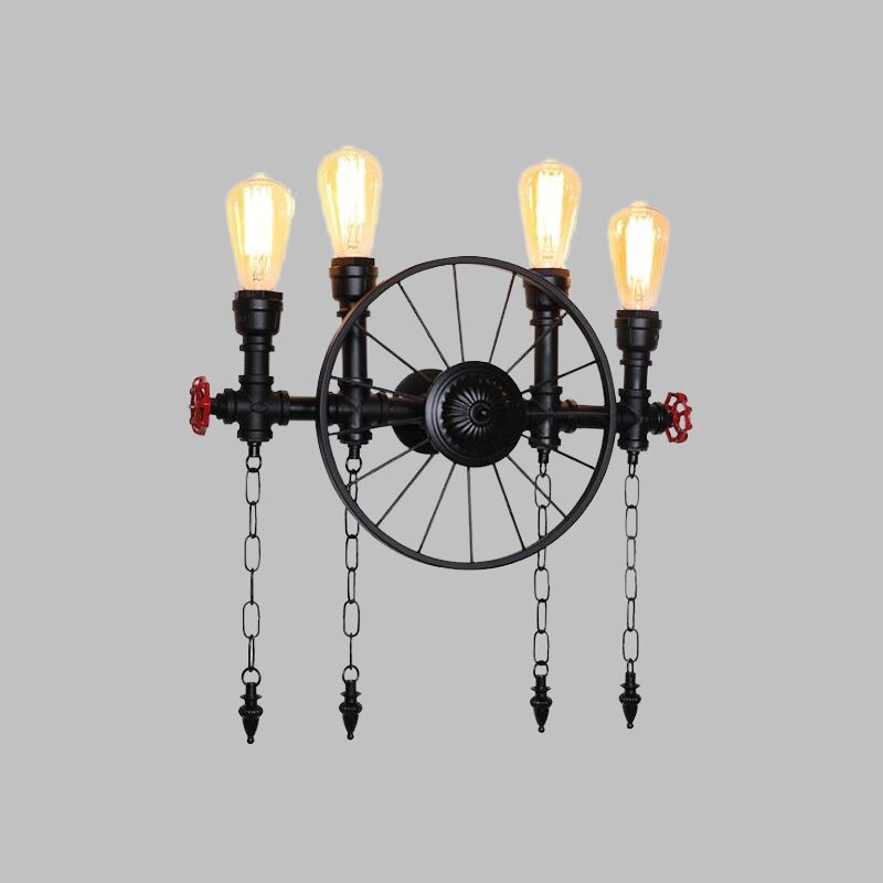 Wheel Metal Wall Lighting Fixture Farmhouse 4-Light Corridor Wall Mount Sconce in Black with Chain