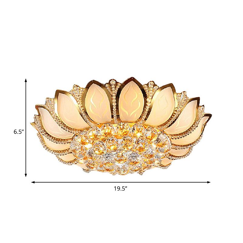 Vintage Petal Flush Ceiling Light Frosted Glass Multi Light Ceiling Mounted Light with Clear Crystal Ball Deco in Gold, 18"/19.5" W