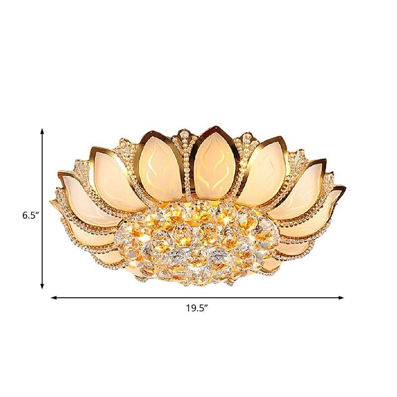 Vintage Blütenblatt-Deckenleuchte, Milchglas-Mehrlicht-Deckenleuchte mit klarer Kristallkugel-Deko in Gold, 18"/19,5" B