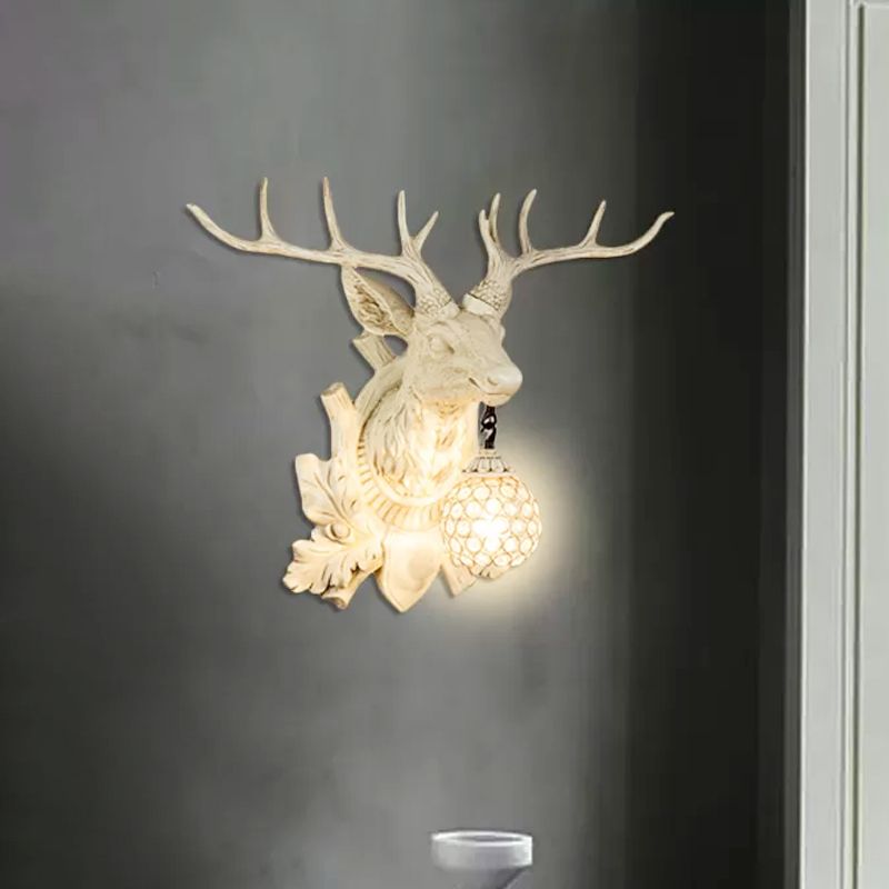 1 Light Wall Lamp Lighting Country Elk Resin Sconce Light Fixture in White/Bronze with Droplet Crystal Shade
