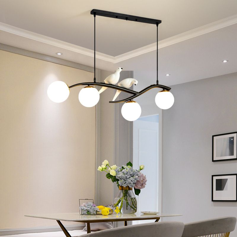 Wrought Iron Island Pendant Light in Modern Luxury Style Glass Sputnik Ceiling Light with Resin Bird Decoration
