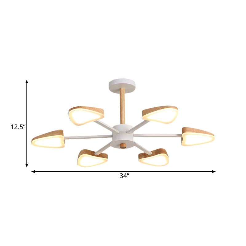 Burst LED Semi Flush Mount Nordic Wood 6 Heads White Ceiling Mount Chandelier with Triangle Shade