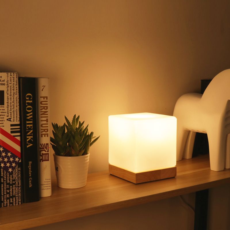 Contemporary Style Wood Desk Lamp White Glass Shade Table Light for Cafe Shop