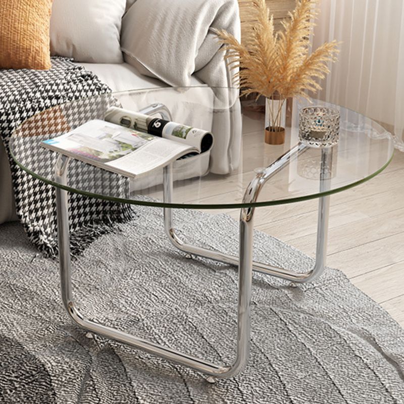 Contemporary Round Glass Top Coffee Table with Steel Sled Legs