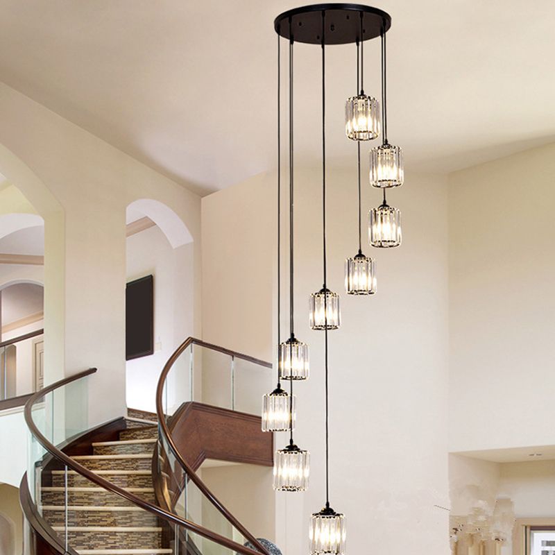 Modern Style Spiral Multi Light Pendant Crystal Staircase Hanging Lighting in Black