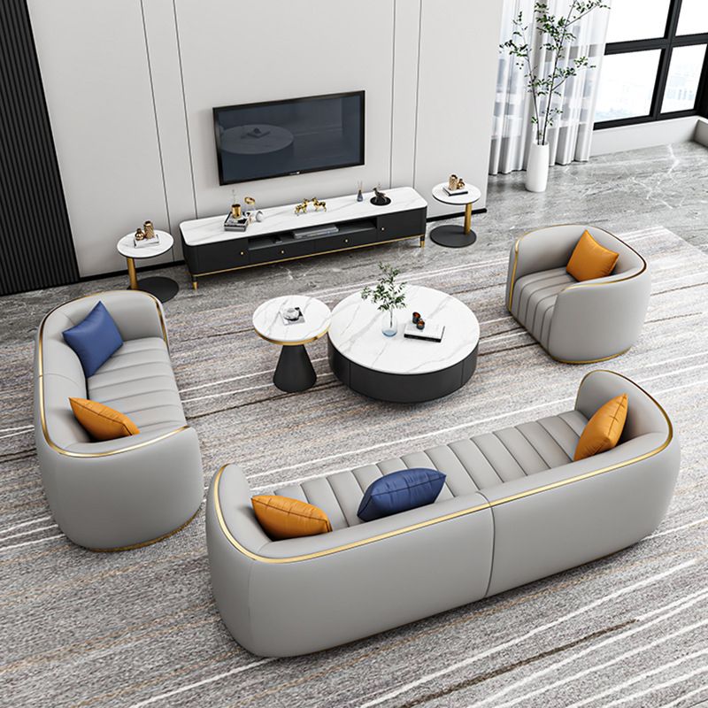 Tuxedo Arm Sofa in Grey/Blue Faux Leather Sofa with Metal Accent