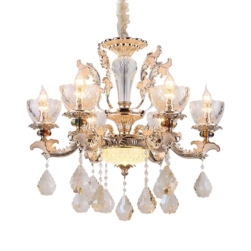 Lámpara colgante de forma de tazón de acabado dorado a mediados de siglo 6 bulbos lámpara de vidrio de cristal transparente