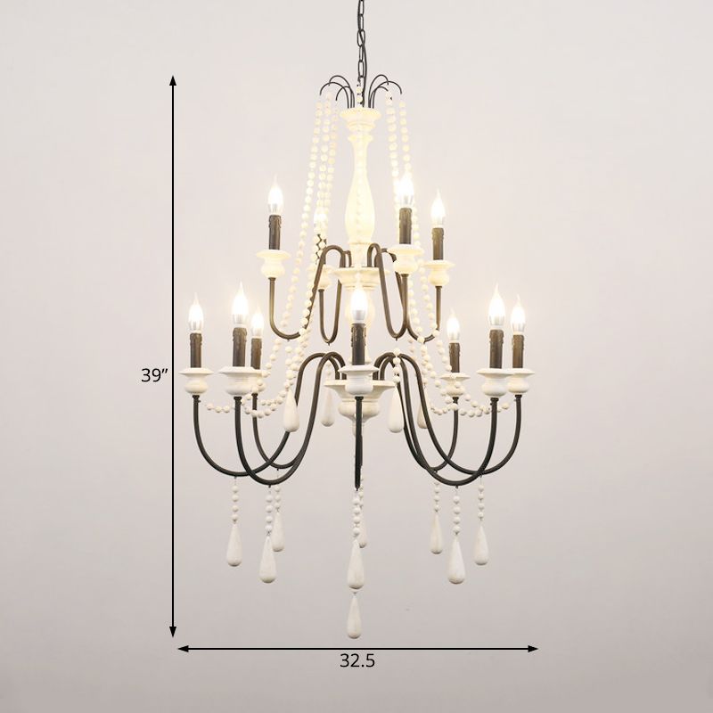 Traditional 2-Tier Hanging Chandelier Metal 12 Bulbs Suspension Light in White with Wooden Drop