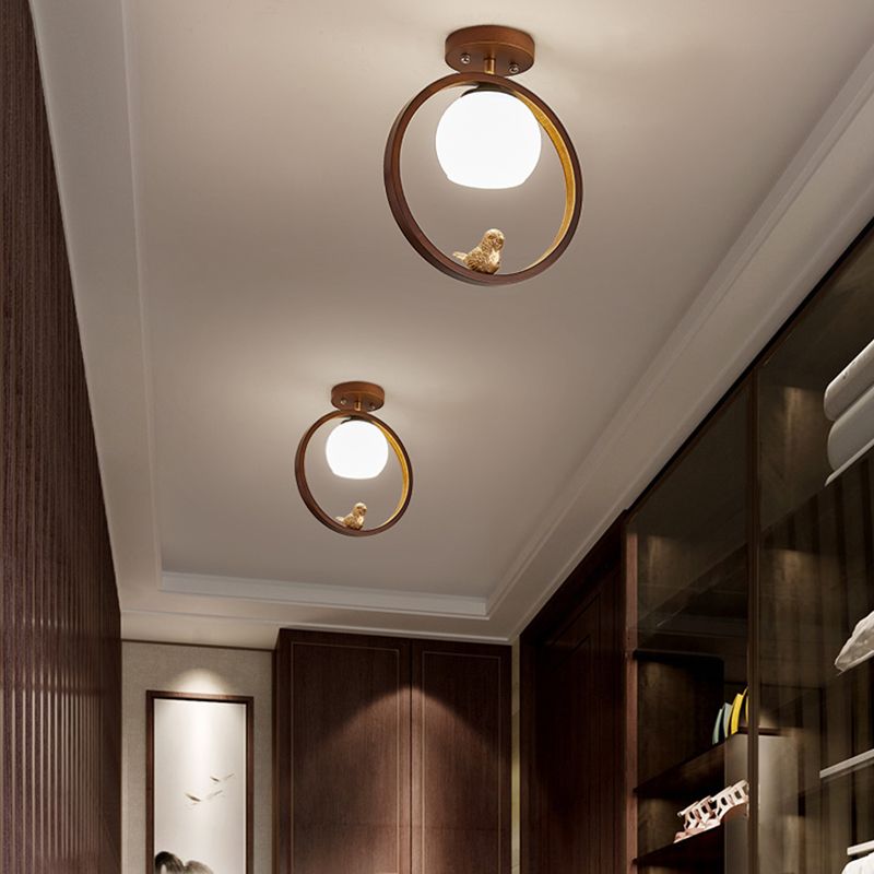 Round Shape Ceiling Lamp Modern Wood 1 Light Flush Mount with Glass Lampshade for Aisle