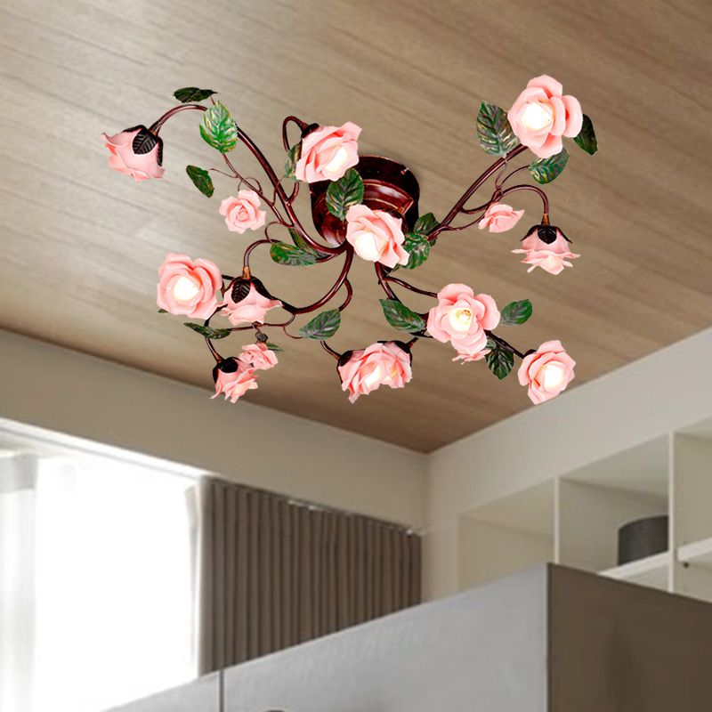 Rosenschlafzimmer Semi Flush Mount American Garden Metal 12 Köpfe dunkelbraune LED in der Nähe der Deckenbeleuchtung