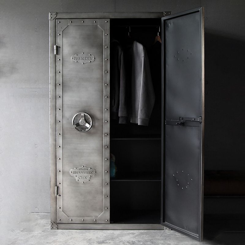 Industrial Metal Wardrobe Closet Freestanding Wardrobe in Grey
