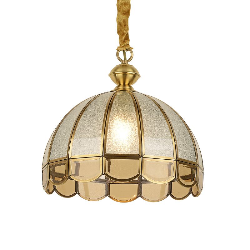 Dome Dining Room Pendulum Light Antique Textured Glass 1 Head Gold Pendant Light with Scalloped Edge