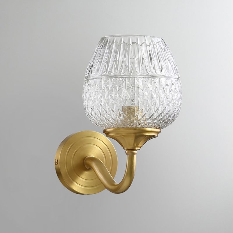 1 Light Wall Lighting Traditional Indoor Wall Sconce Lamp with Cup Shape Clear Latticed Glass Shade in Brass