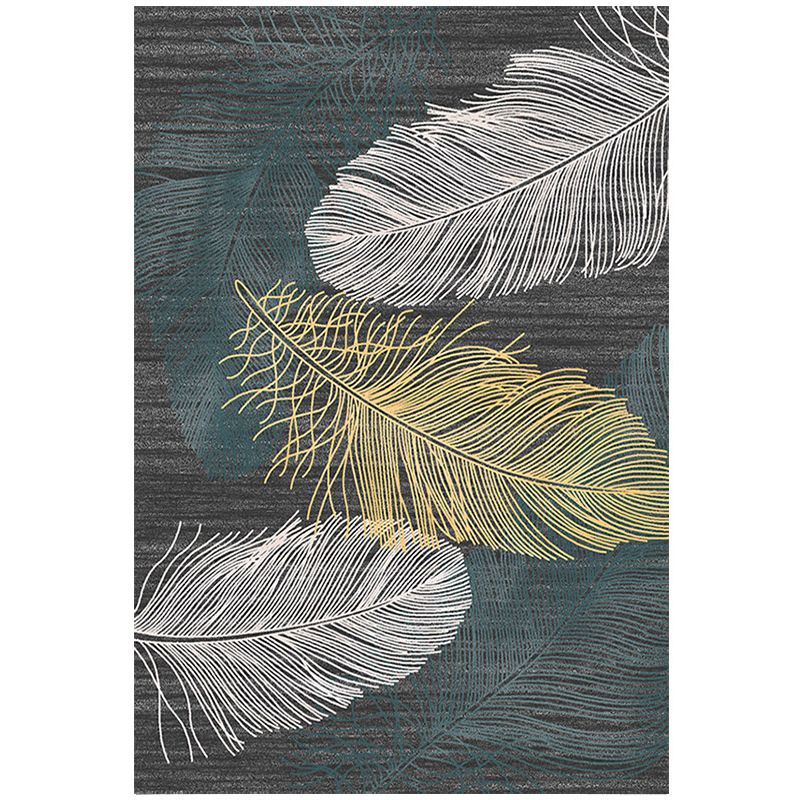 Grey Tone Modern Area Rug Polyester Feather Print Rug Non-Slip Backing Indoor Rug for Living Room