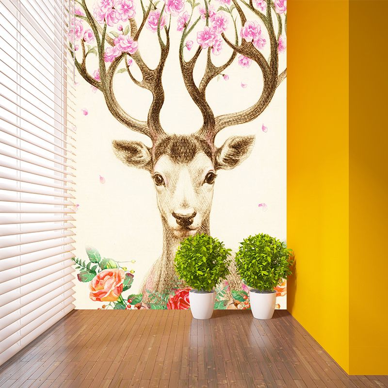 Artistry Girls Wall Mural with Flower on Deer Antler Drawing Pattern Beige Wall Covering for Decor