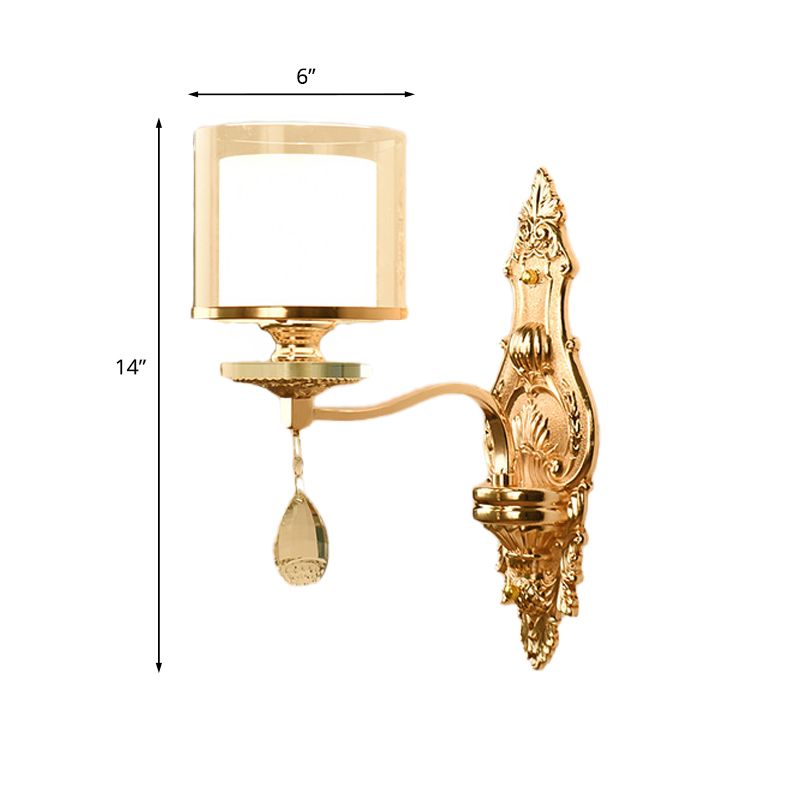 1 Light Wall Mount Lamp Retro Living Room Wall Sconce with Layered Barrel Clear and Frosted Glass Shade, Gold