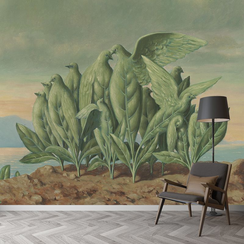 Art Bird Plant Island Mural Surreal Non-Woven Material Wall Covering in Grey-Green