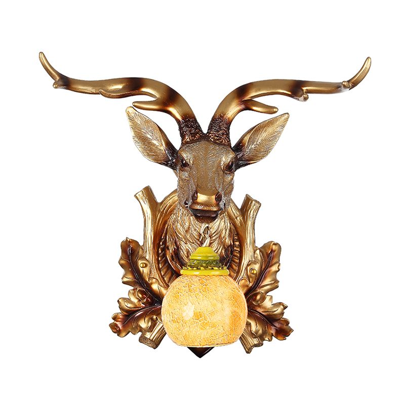 Traditional Bubble Sconce Light 1-Head Amber Crackle Glass Wall Mounted Lamp with Sika Deer and Bloom Decor in Gold