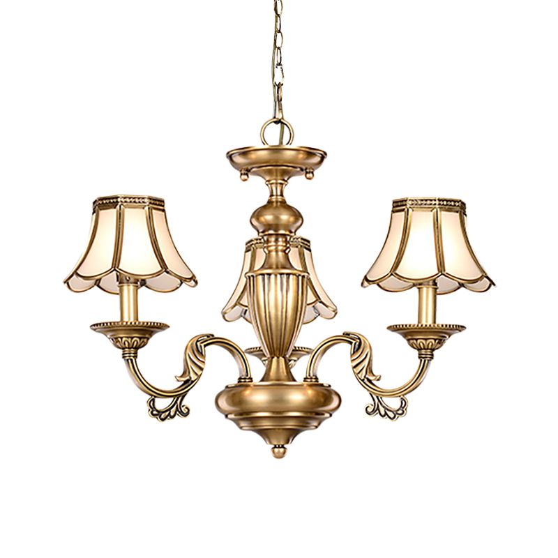 3/5 Heads Scalloped Chandelier Lamp Colonialist Brass Frosted Glass Suspended Lighting Fixture