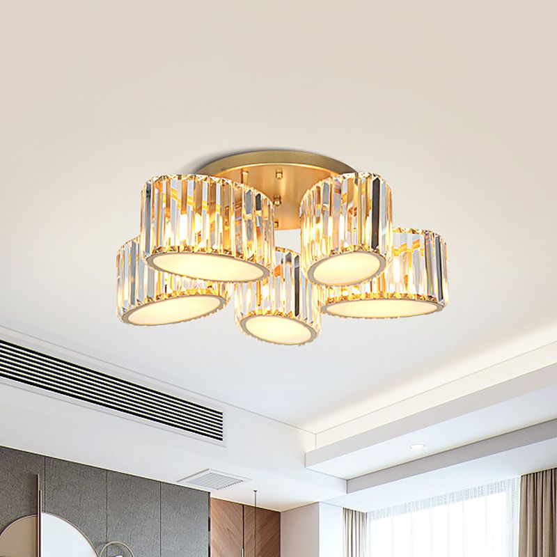 Post Modern Oval/Teardrop Semi Flush Lamp 5-Light Carved Crystal Ceiling Mounted Fixture in Gold