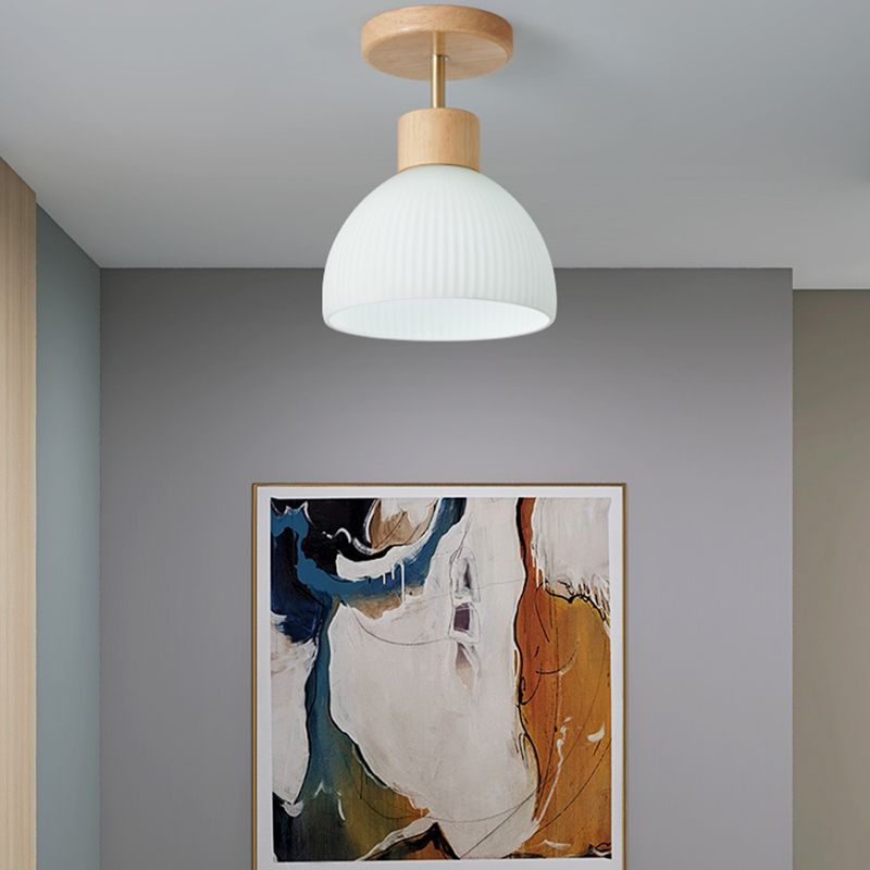 Dome Shape Ceiling Lamp Modern Wood 1 Light Flush Mount with Glass Lampshade for Aisle