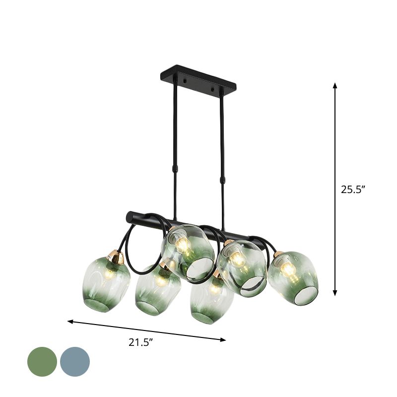 Wine Cup Island Light Modern Dimpled Blue/Green Ombre Glass 6/8/10-Head Black Suspended Lighting Fixture