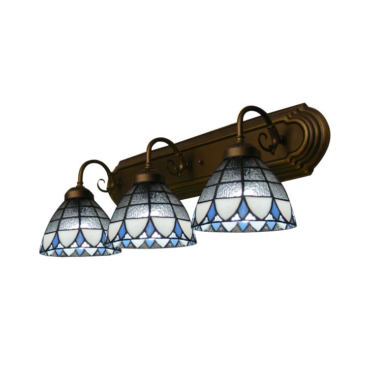 Dome Wall Mount Light with Curved/Arc Arm 3 Lights Stained Glass Vintage Vanity Light for Bathroom