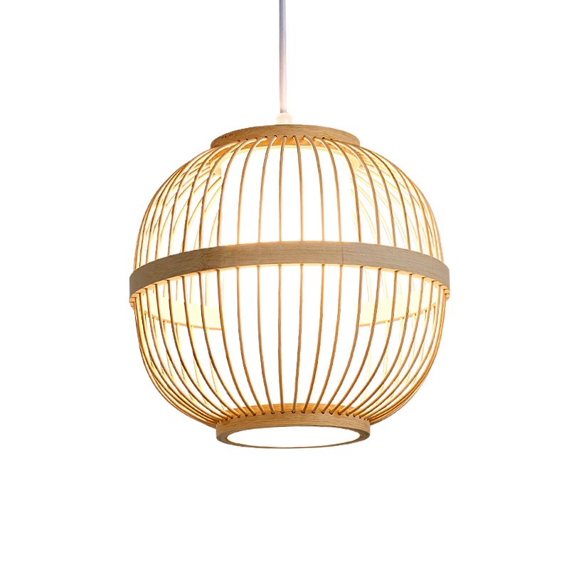 Lantern Tea Room Ceiling Light Bamboo 1 Bulb Asian Style Hanging Light Fixture in Wood