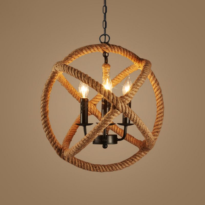 Hemp Rope Flaxen Suspension Lighting Sphere 3 Bulbs Retro Style Pendant Ceiling Light with Metallic Candle