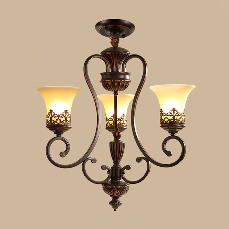Red-Black Flared Shade Ceiling Lighting Traditional Frosted Glass Living Room Chandelier Light Fixture