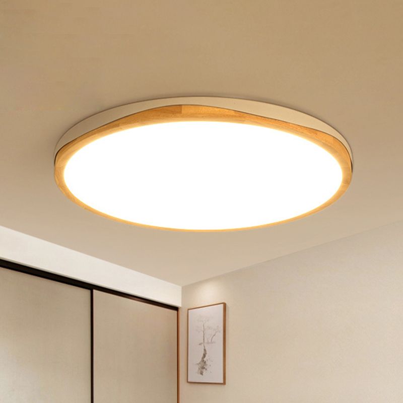Round Flush-Mount Light Fixture Modern Wood 14"/18"/21.5" Wide LED White Close to Ceiling Lighting, White/Warm Light