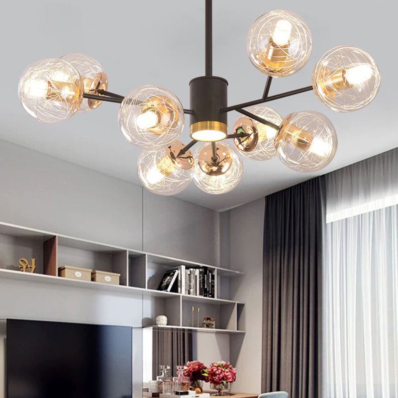 Clear Aluminum Wire Glass Ball Chandelier Light Modern Lighting Ceiling Pendant Light in Black