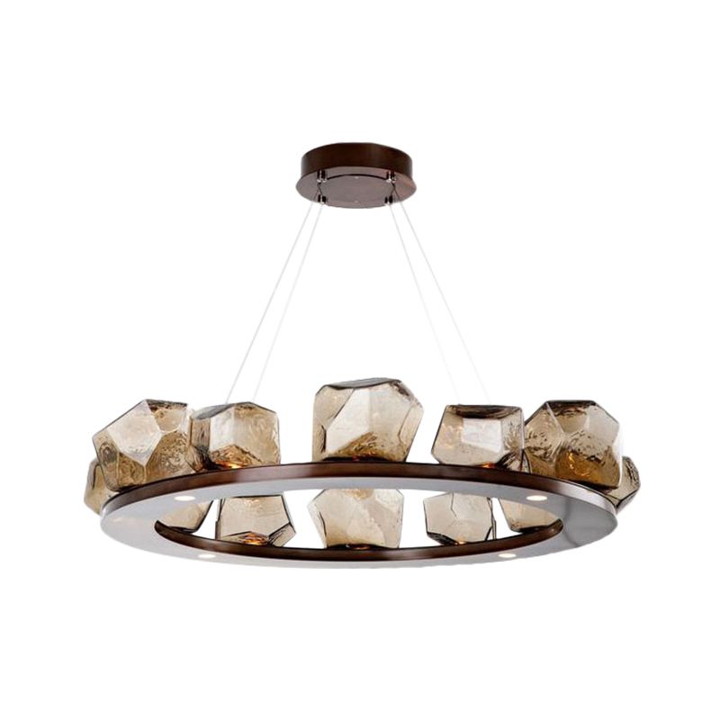 Gem Chandelier Pendant Modernist Amber Glass Multi Lights Brown Led Hanging Light with Ring Design