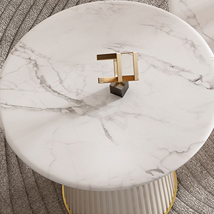 White Pedestal Round Glam Metal Coffee Cocktail Table with Slate Top