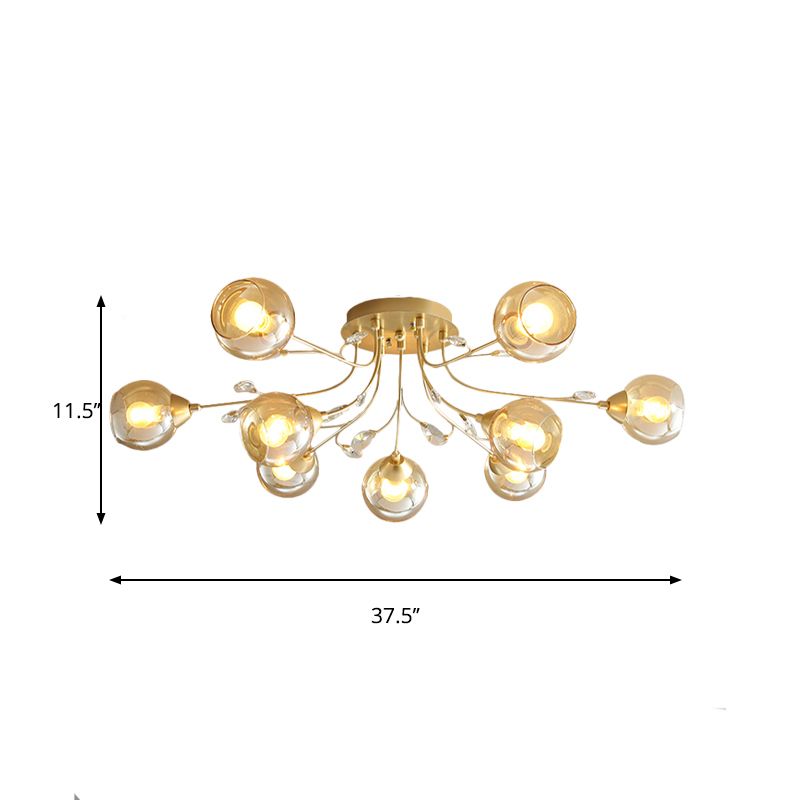 Amber Glass Ball semi-plafond Fllush Light traditionnel 6/9 Light Light Room Flush Lightture avec accent cristallin