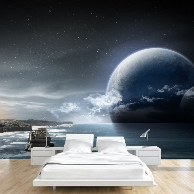 Custom Photo Print Sci-Fi Mural with Big Moon and Ocean Sea at Dawn Pattern in Blue