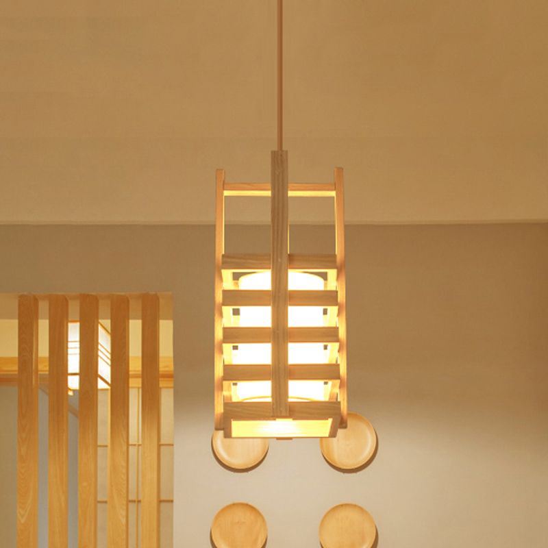 Cuboid Wooden Pendant Light Fixture Asian 1 Bulb Beige Hanging Lamp Kit with Cross Handle