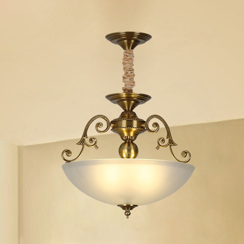 3 Heads Chandelier Light Retro Bowl Frosted Glass Pendant Lighting Fixture in Gold
