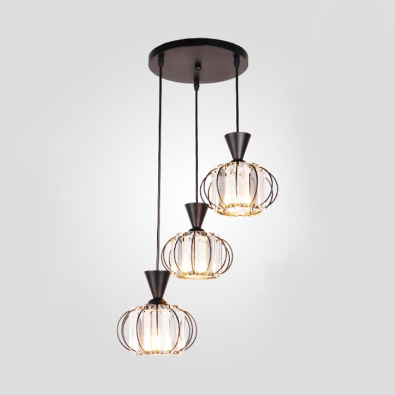 ELLIPSE CAGE Multi-techo Lámpara de techo de hierro moderno de 3 bombas Costeo colgante colgante con prismas de cristal en el interior