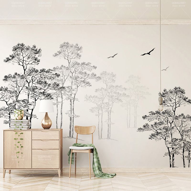 Whole Pine Tree Wall Decor for Guest Room Flying Bird Wall Mural in Black and White, Water-Resistant